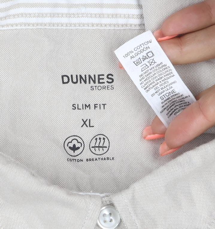 Brand and care label for Dunnes Men Beige XL Slim Fit Cotton Button-Up Shirt