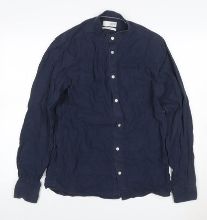 Regullar Men's Blue S Linen Blend Grandad Collar Long Sleeve Shirt