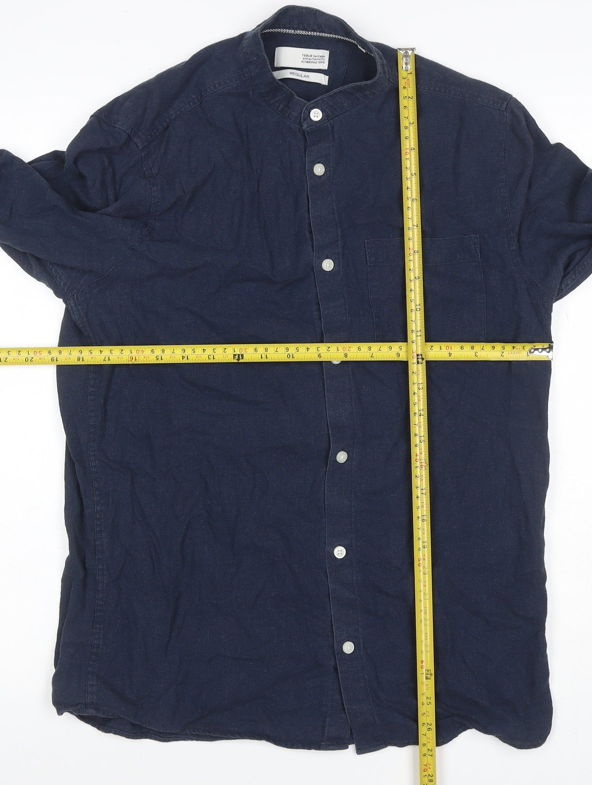Regullar Men's Blue S Linen Blend Grandad Collar Long Sleeve Shirt