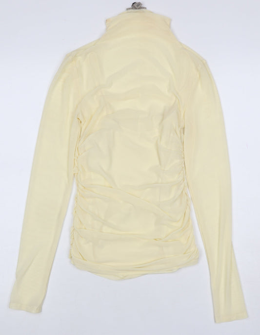 Pinko Women Yellow S Sheer Mesh Ruched High Neck Blouse