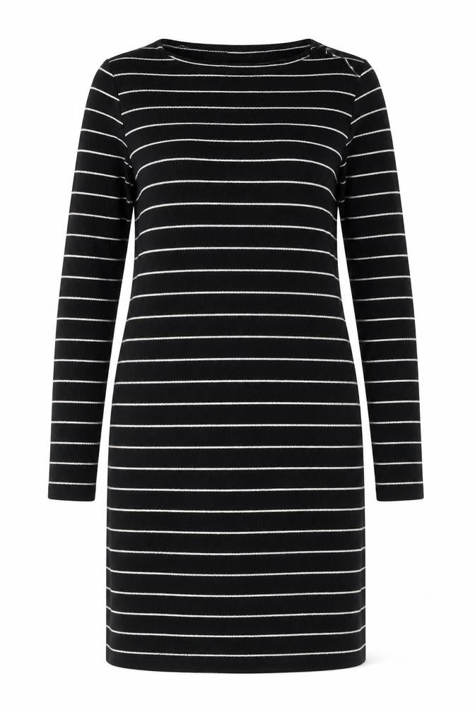 Front view of Jacqueline de Yong Women Black Striped Bodycon Knit Dress M