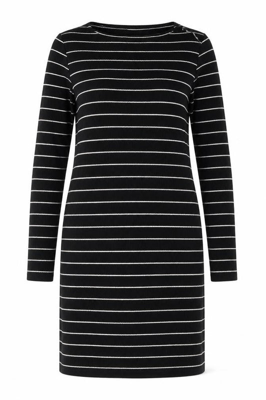 Front view of Jacqueline de Yong Women Black Striped Bodycon Knit Dress M