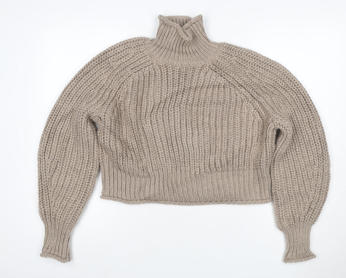 H&M Women Beige S Chunky Knit Roll Neck Raglan Jumper