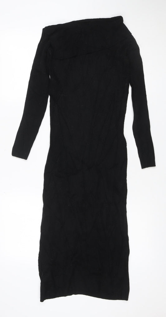 Additional front view of Guess Women’s Black UK 8 Rib Knit Roll Neck Jumper Dress Gold Buttons