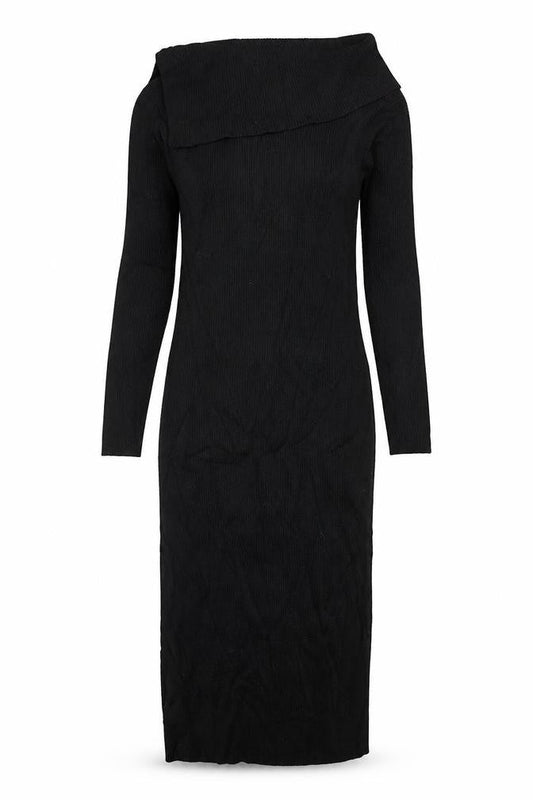 Front view of Guess Women’s Black UK 8 Rib Knit Roll Neck Jumper Dress Gold Buttons