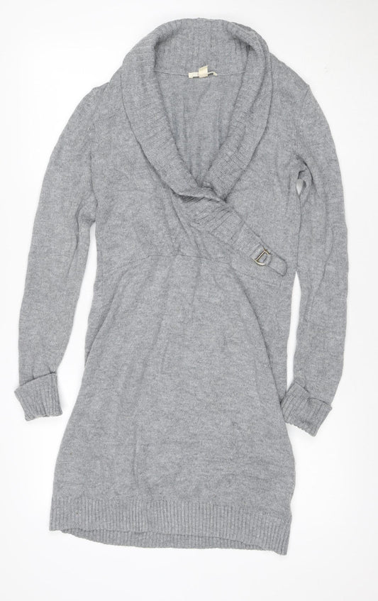 Additional front view of ESPRIT Women Grey XS Jumper Dress Cowl Neck Belted Knit