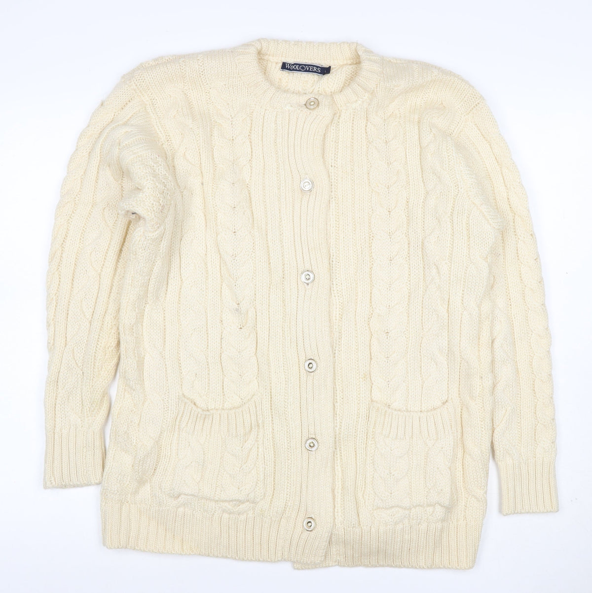 WoolOvers Women’s Ivory L Cable Knit Button Pocket Cardigan