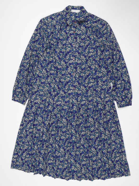 Eastex Women’s Blue Floral Midi Shirt Dress UK 14 Vintage Long Sleeve