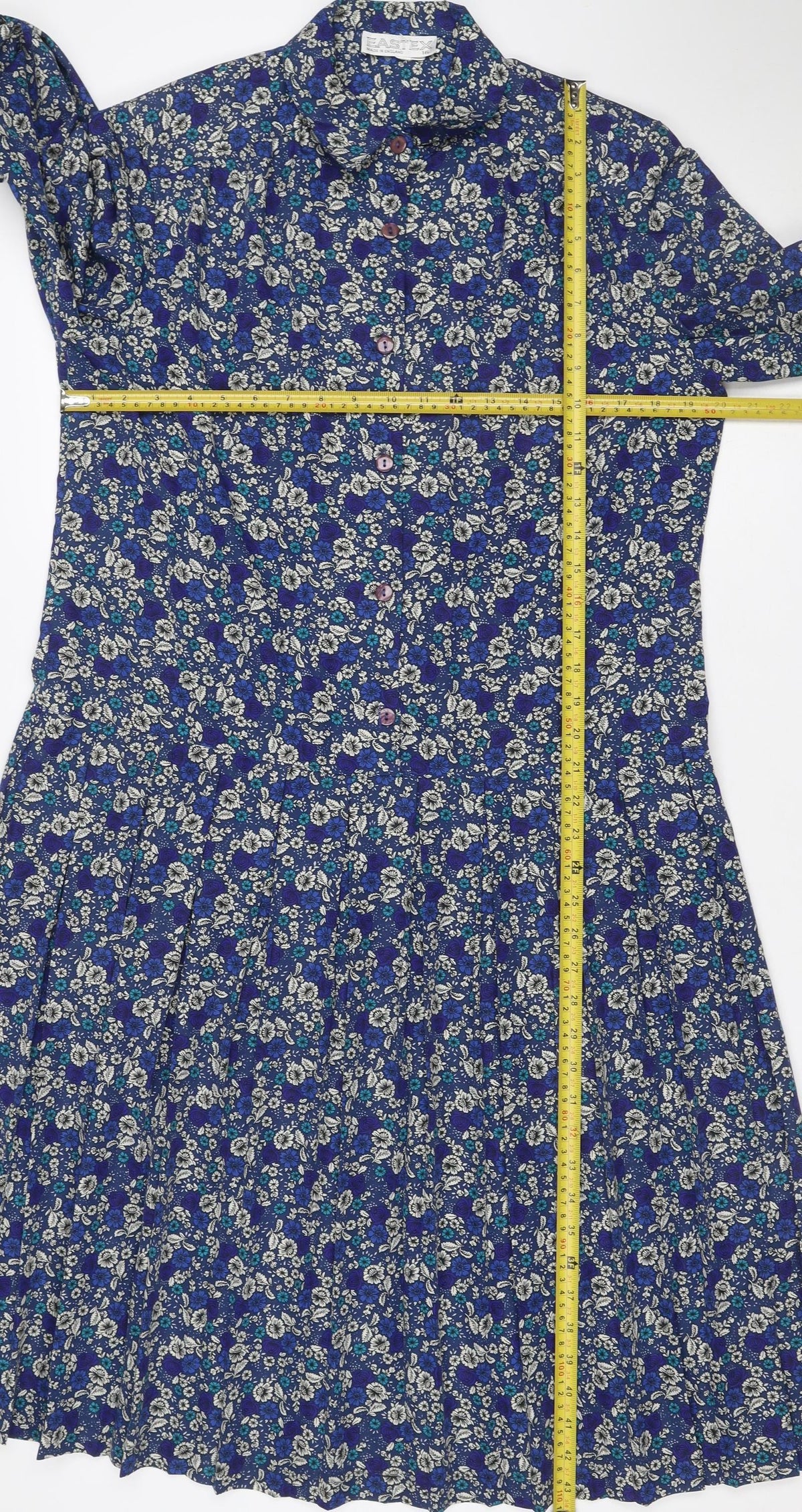 Eastex Women’s Blue Floral Midi Shirt Dress UK 14 Vintage Long Sleeve