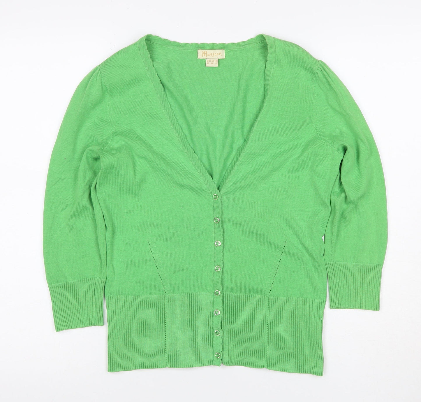 Monsoon Women Green UK 12 V-Neck Cotton Puff Sleeve Cardigan