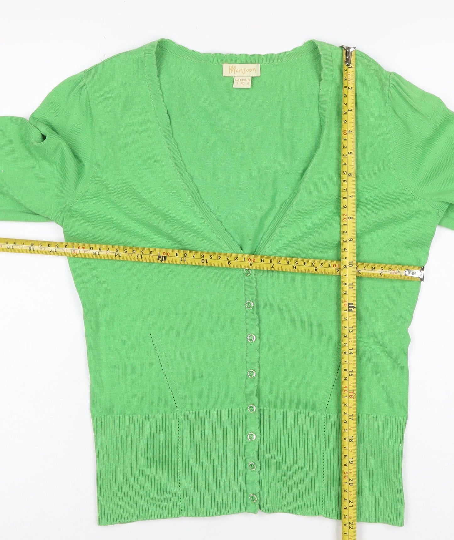 Monsoon Women Green UK 12 V-Neck Cotton Puff Sleeve Cardigan