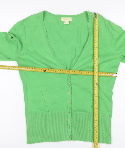 Monsoon Women Green UK 12 V-Neck Cotton Puff Sleeve Cardigan