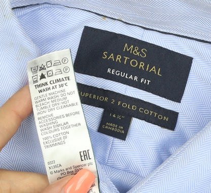 Marks and Spencer Men's Blue 16.5 Regular Fit Herringbone Cotton Shirt