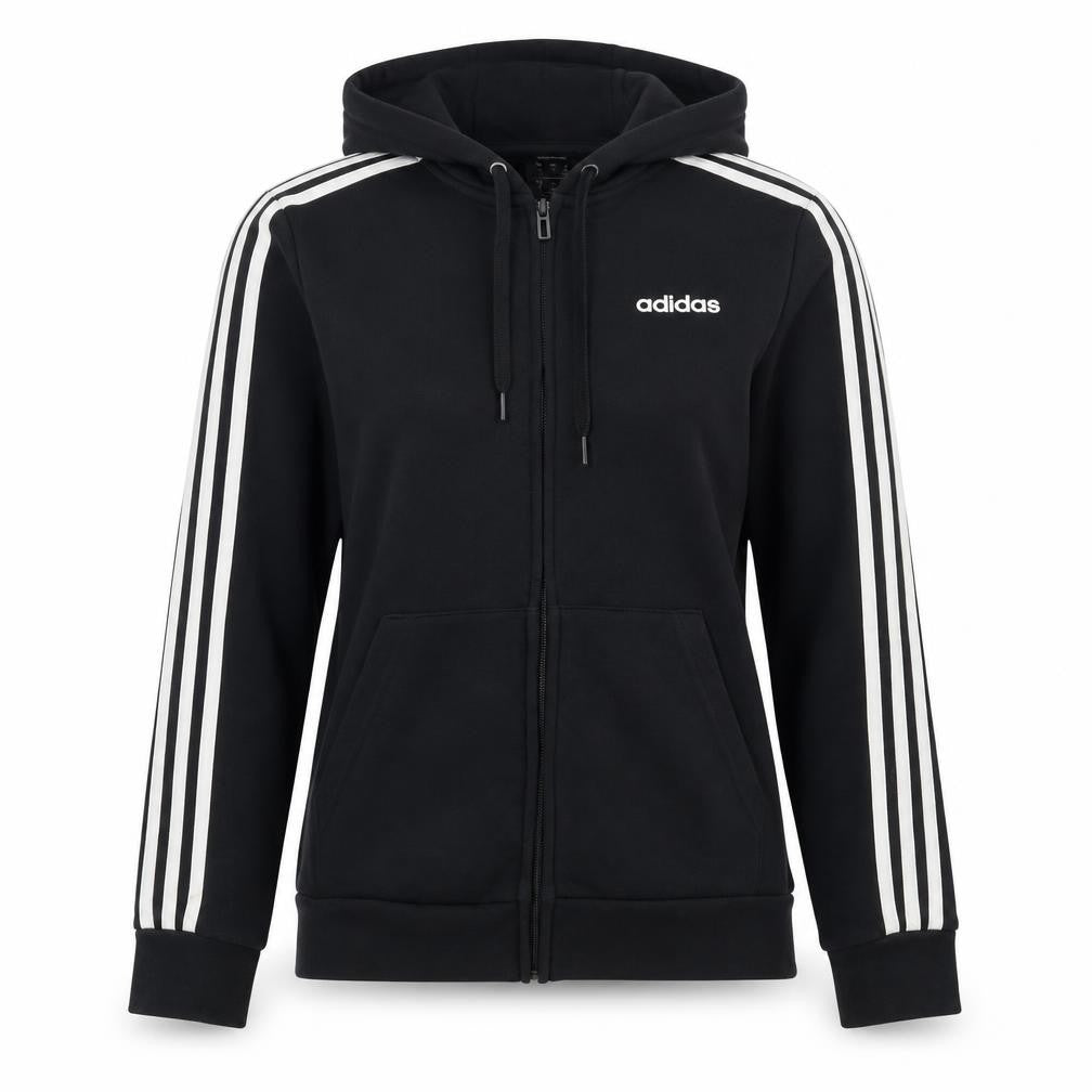 Front view of adidas Women Black UK 8 Full Zip Hooded Logo Stripe Hoodie