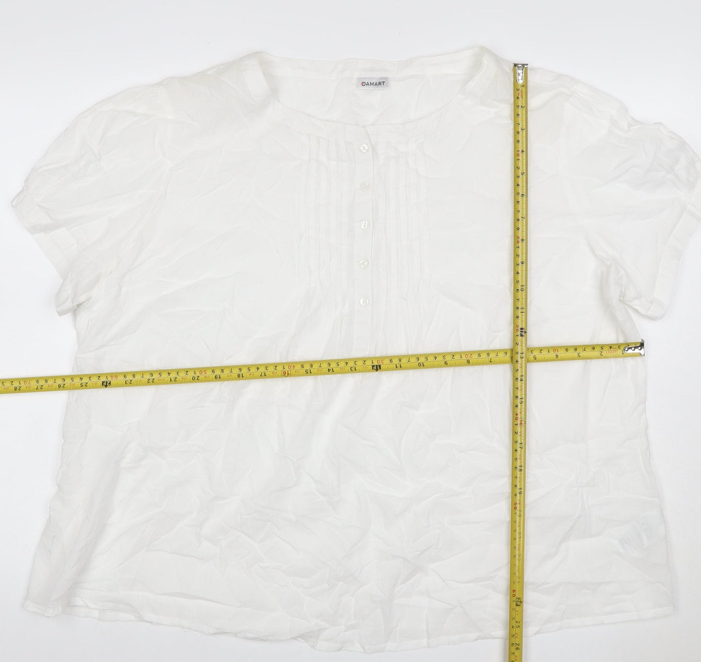 Damart Women White UK 18 Cotton Pleated Button Blouse Short Sleeve