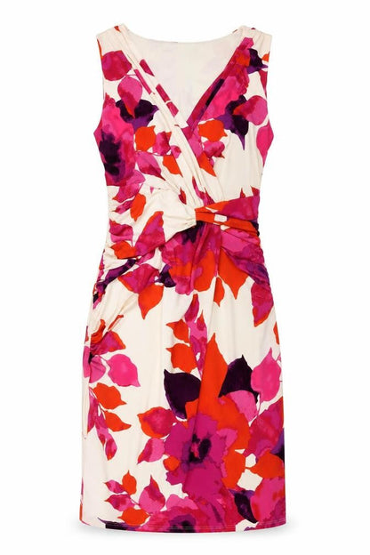 Front view of Kaliko Women Ivory Pink Floral Ruched Sheath Dress UK 8
