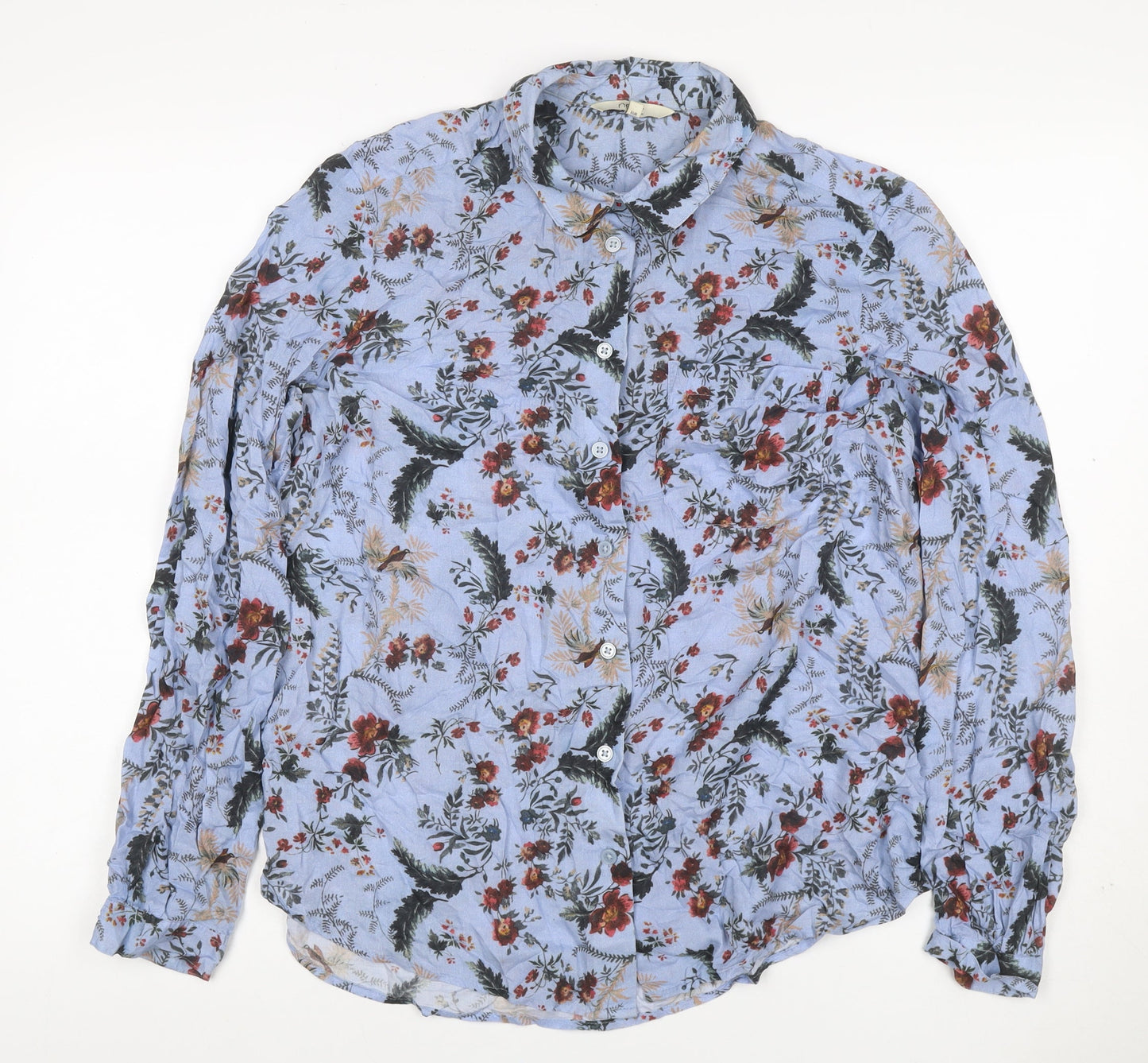 Next Women Blue UK 12 Floral Modal Button-Up Long Sleeve Shirt