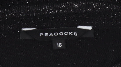 Peacocks Women Black Glitter Knit Jumper UK 16 Crew Neck Balloon Sleeve