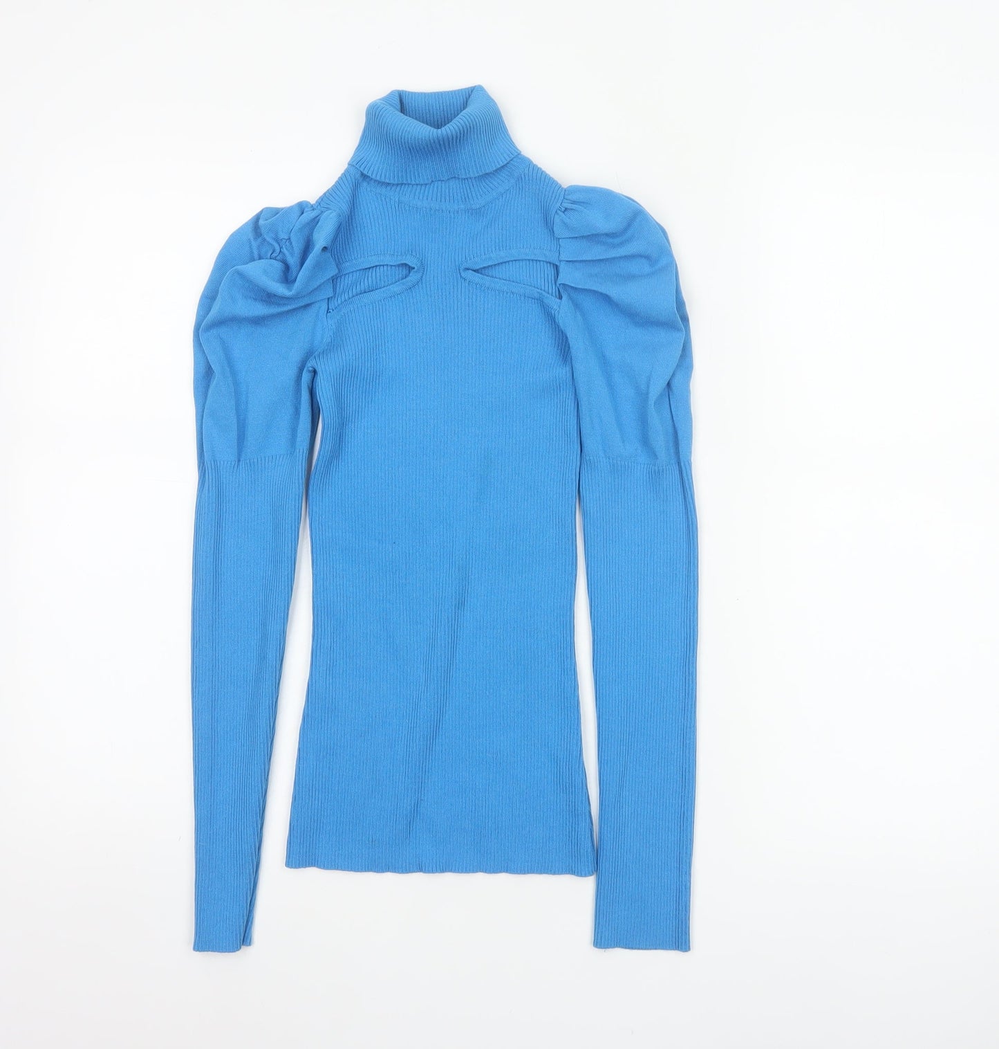 River Island Women Blue UK 8 Roll Neck Puff Sleeve Rib Knit Jumper