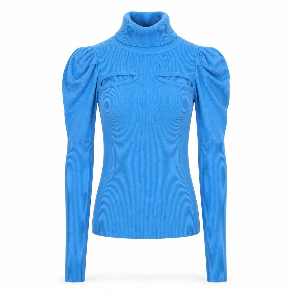 River Island Women Blue UK 8 Roll Neck Puff Sleeve Rib Knit Jumper