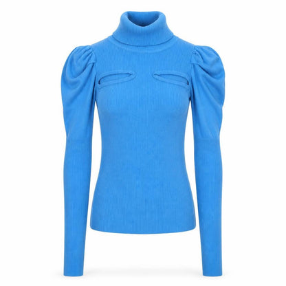 River Island Women Blue UK 8 Roll Neck Puff Sleeve Rib Knit Jumper