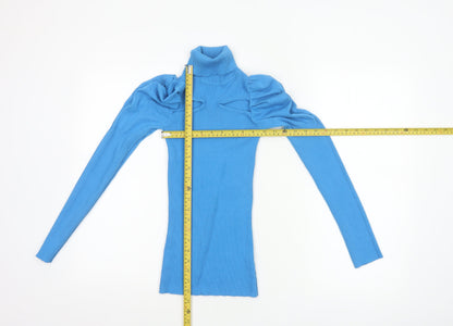 River Island Women Blue UK 8 Roll Neck Puff Sleeve Rib Knit Jumper