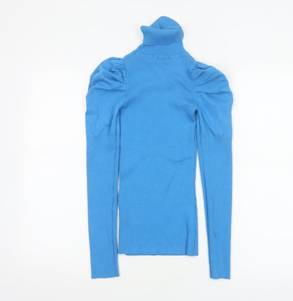 River Island Women Blue UK 8 Roll Neck Puff Sleeve Rib Knit Jumper