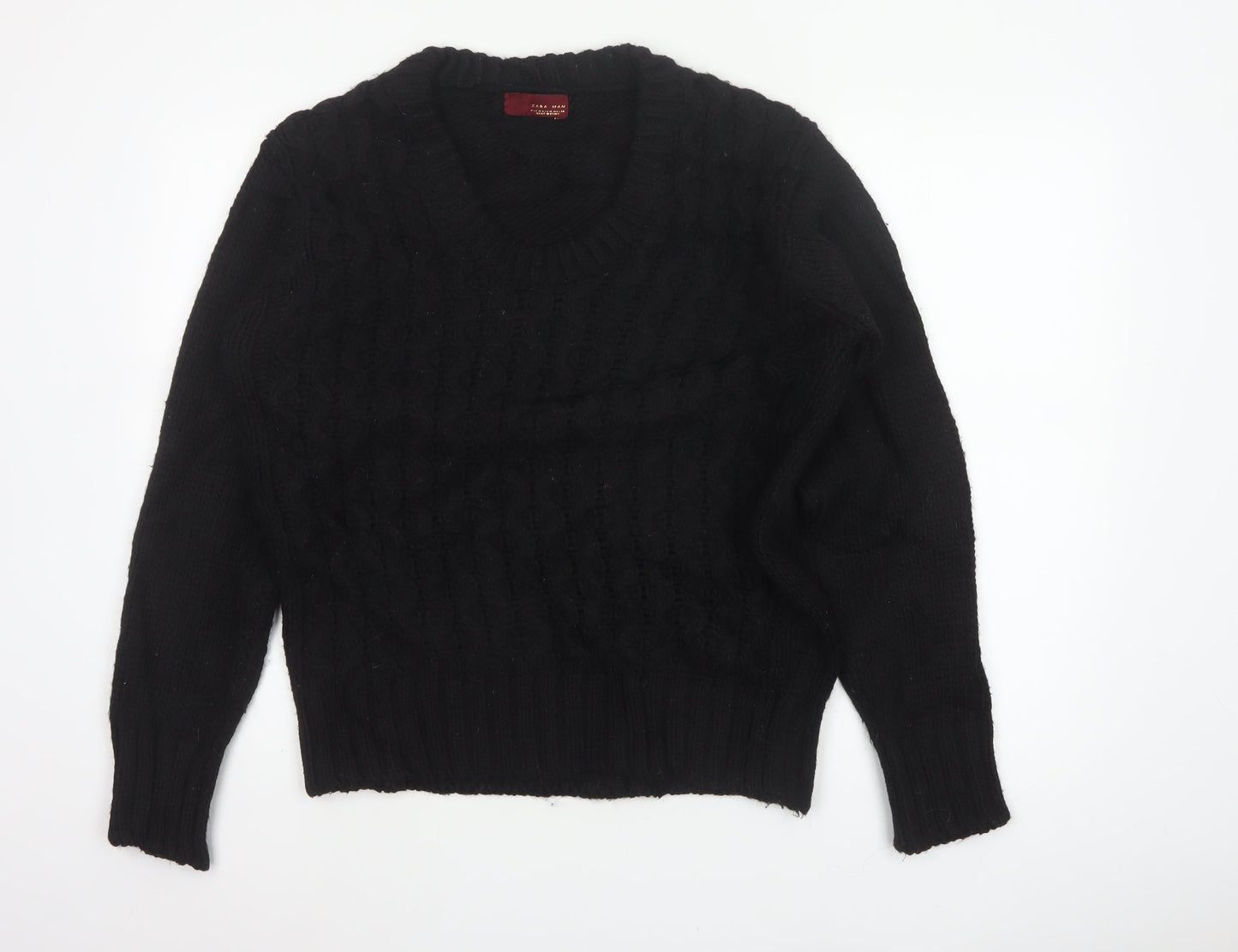 Zara Man Men's Black M Cable Knit V-Neck Wool Blend Jumper