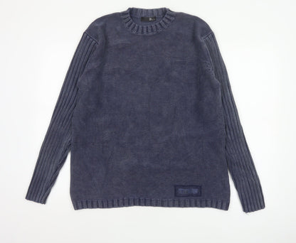 Bhs Men’s Blue Cotton Crew Neck Pullover Jumper Medium Logo Knit
