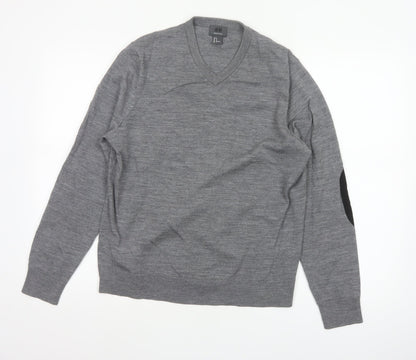 H&M Men Grey M Merino Wool V-Neck Pullover Jumper Elbow Patches