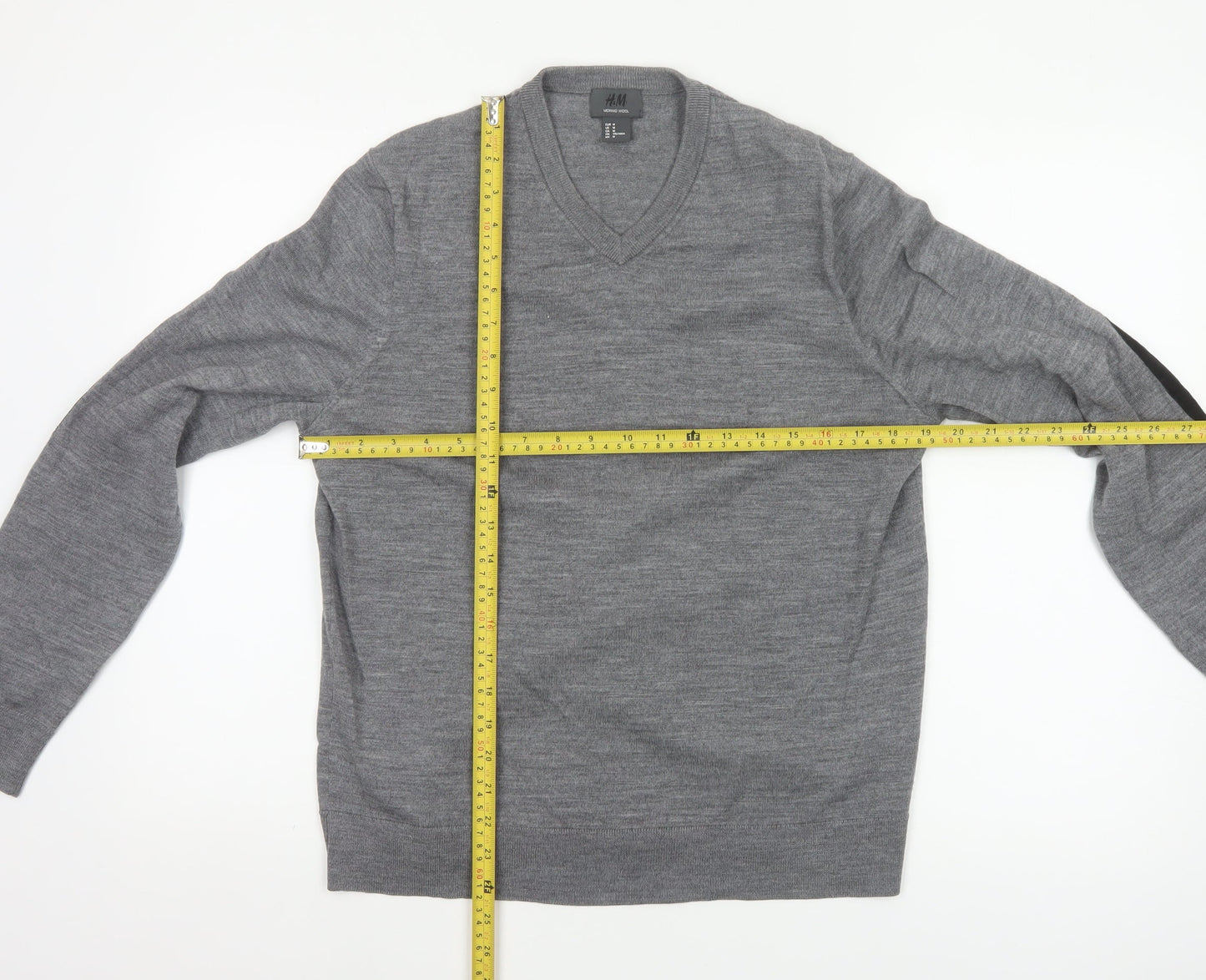 H&M Men Grey M Merino Wool V-Neck Pullover Jumper Elbow Patches