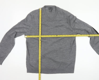 H&M Men Grey M Merino Wool V-Neck Pullover Jumper Elbow Patches