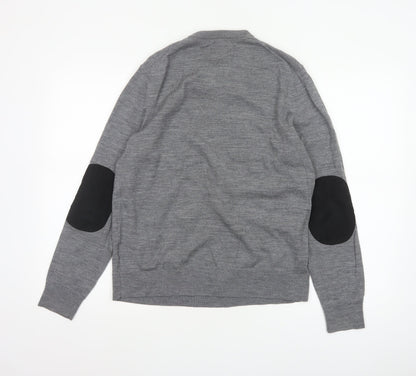 H&M Men Grey M Merino Wool V-Neck Pullover Jumper Elbow Patches
