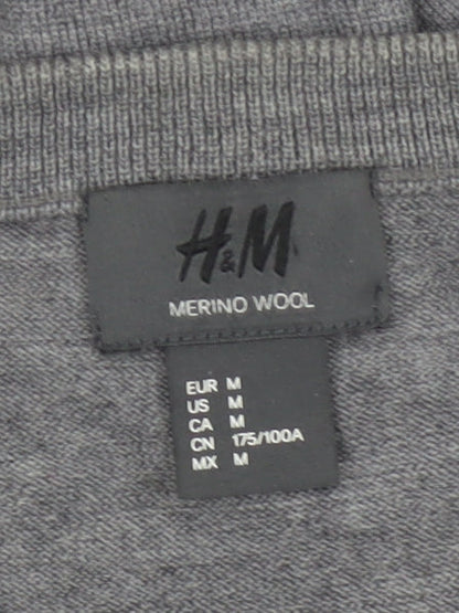 H&M Men Grey M Merino Wool V-Neck Pullover Jumper Elbow Patches