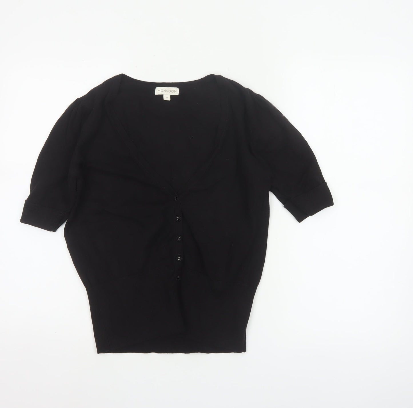 Monsoon Women Black M V-Neck 3/4 Sleeve Button Knit Cardigan