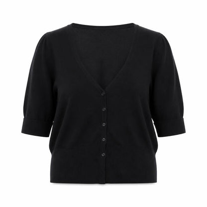 Monsoon Women Black M V-Neck 3/4 Sleeve Button Knit Cardigan