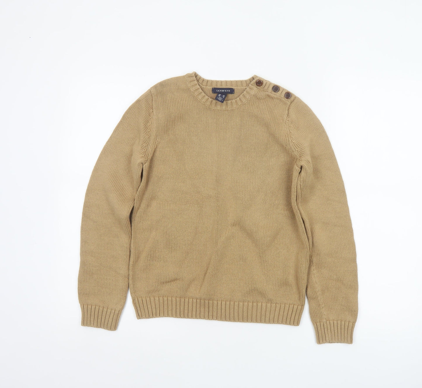 Lands' End Women Beige XS Cotton Crew Neck Button Shoulder Jumper