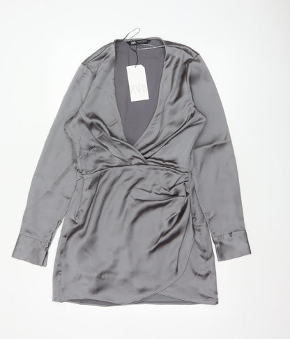 Zara Women Grey M Satin Wrap Mini Dress Long Sleeve V-Neck Party