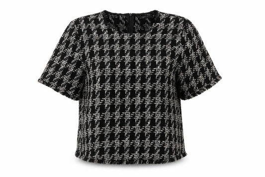 Zara Women Black Check Tweed Fringe Short Sleeve Blouse Size L