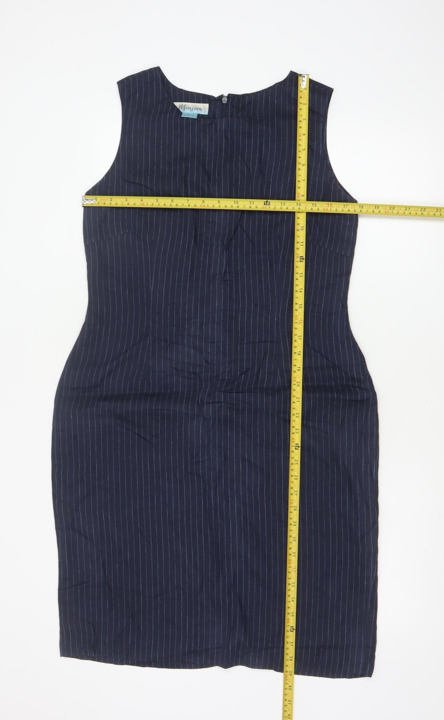 Monsoon Women Blue Pinstripe Linen Pencil Dress UK 14 Workwear