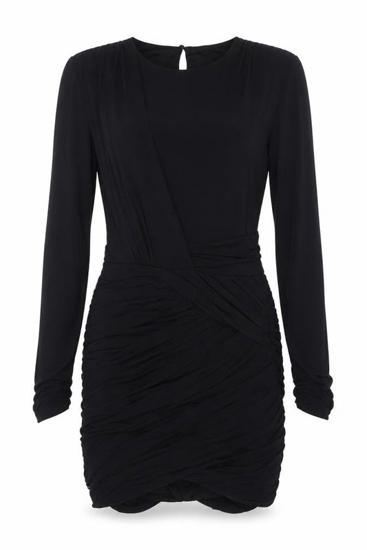 Zara Women Black S Ruched Bodycon Mini Dress Balloon Sleeves