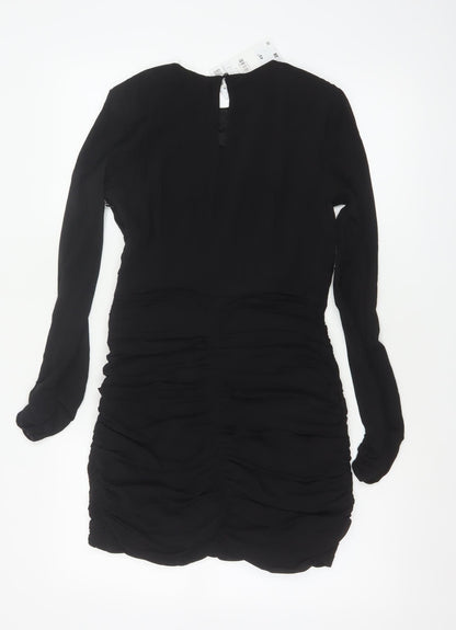 Zara Women Black S Ruched Bodycon Mini Dress Balloon Sleeves