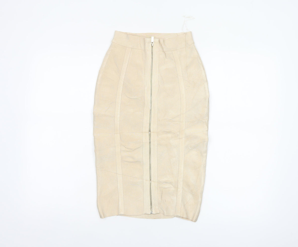 House of CB London Women Beige S Bandage Pencil Knee Length Skirt