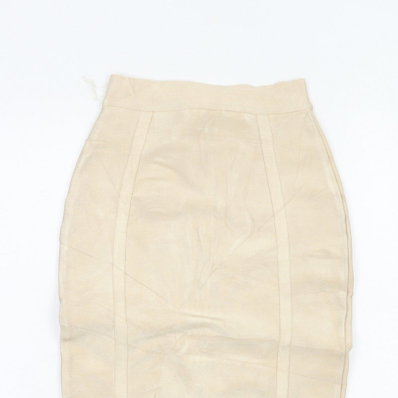 House of CB London Women Beige S Bandage Pencil Knee Length Skirt