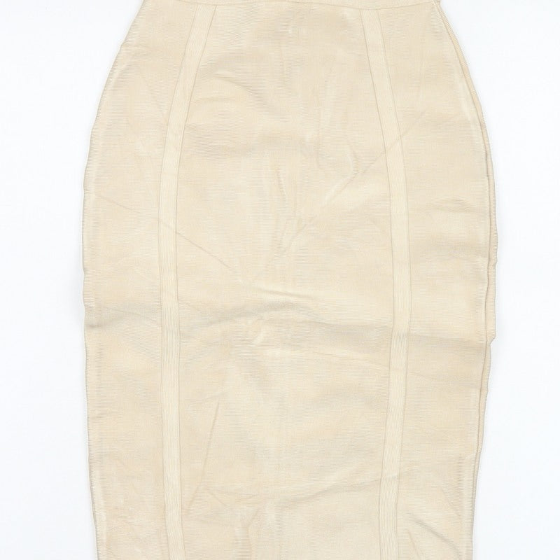 House of CB London Women Beige S Bandage Pencil Knee Length Skirt