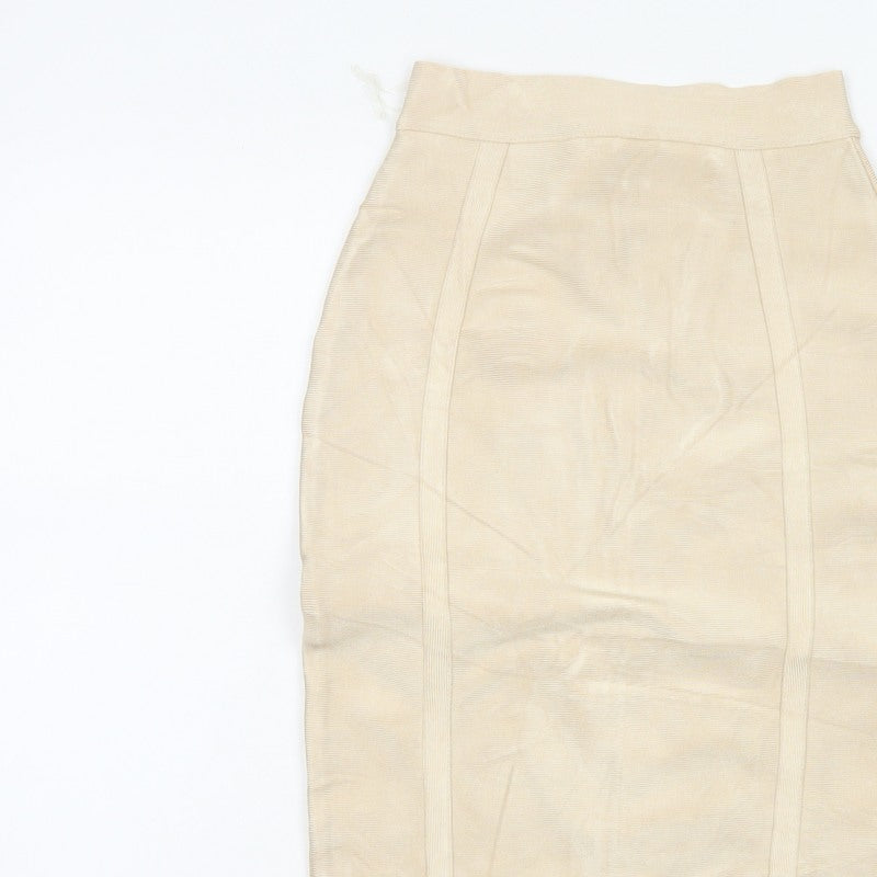 House of CB London Women Beige S Bandage Pencil Knee Length Skirt