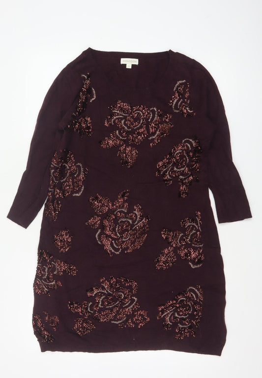 Monsoon Women Brown M Floral Beaded Embroidered Knit Tunic Jumper