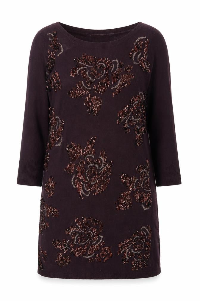 Monsoon Women Brown M Floral Beaded Embroidered Knit Tunic Jumper