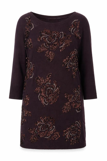 Monsoon Women Brown M Floral Beaded Embroidered Knit Tunic Jumper