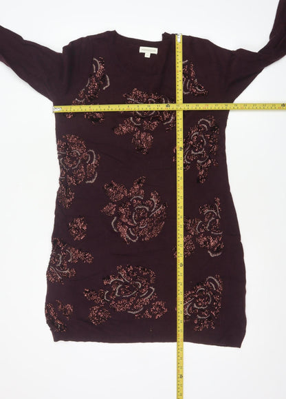 Monsoon Women Brown M Floral Beaded Embroidered Knit Tunic Jumper